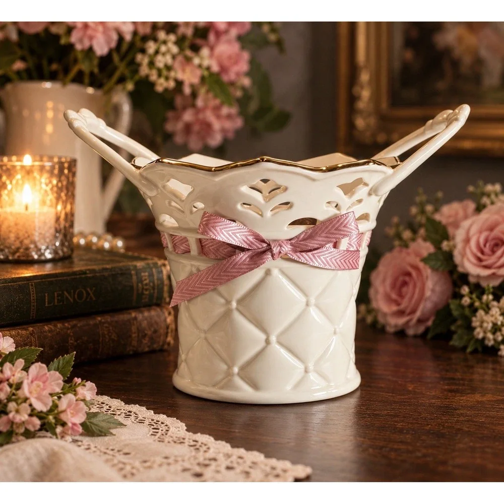 Lenox Tied With Love Bethany Basket 24K Gold Pink Ribbon Original Box